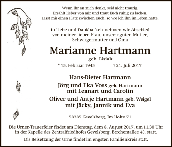 Todesanzeige von Marianne Hartmann von MZV