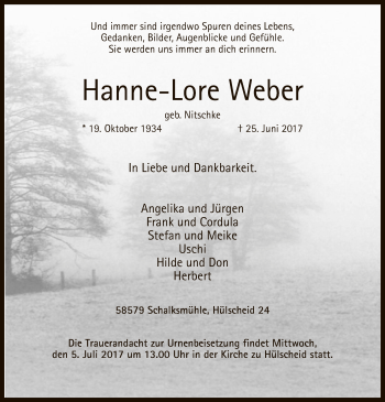 Todesanzeige von Hanne-Lore Weber von MZV