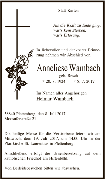 Todesanzeige von Anneliese Wambach von MZV