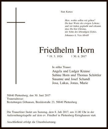 Todesanzeige von Friedhelm Horn von MZV