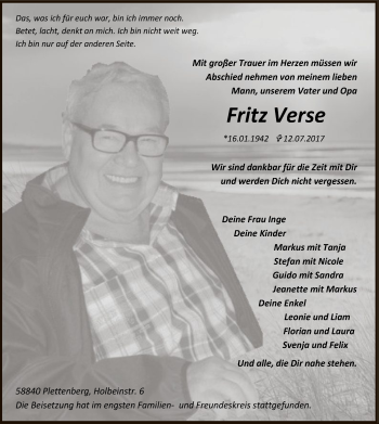 Todesanzeige von Fritz Verse von MZV