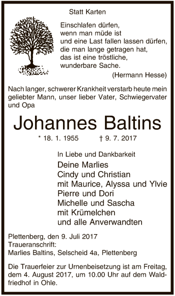 Todesanzeige von Johannes Baltins von MZV