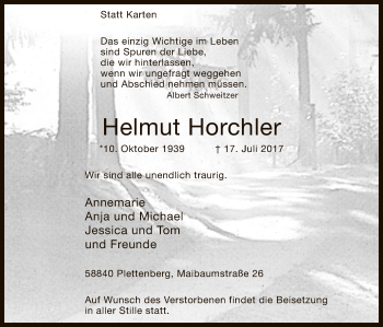 Todesanzeige von Helmut Horchler von MZV
