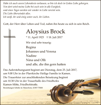 Todesanzeige von Aloysius Brock von MZV