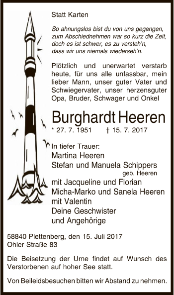 Todesanzeige von Burghardt Heeren von MZV