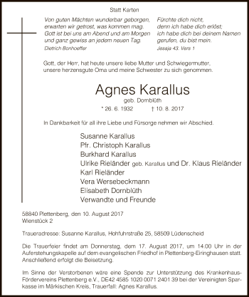 Todesanzeige von Agnes Karallus von MZV