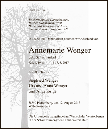 Todesanzeige von Annemarie Wenger von MZV