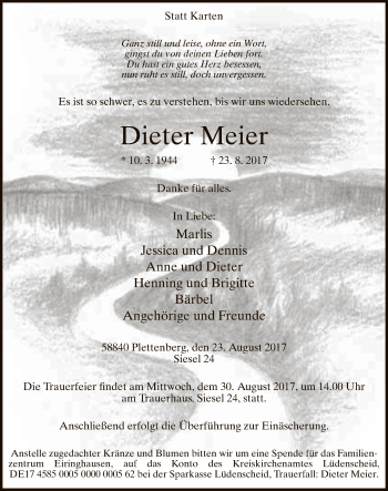 Todesanzeige von Dieter Meier von MZV