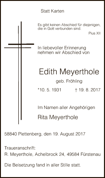 Todesanzeige von Edith Meyerthole von MZV