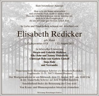 Todesanzeige von Elisabeth Redicker von MZV