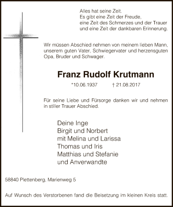 Todesanzeige von Franz Rudolf Krutmann von MZV