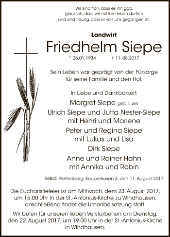 Todesanzeige von Friedhelm Siepe von MZV