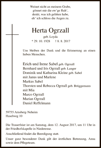 Todesanzeige von Herta Ogrzall von MZV
