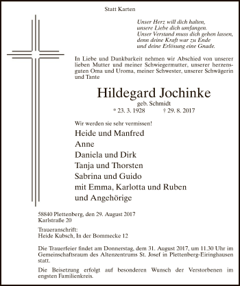 Todesanzeige von Hildegard Jochinke von MZV