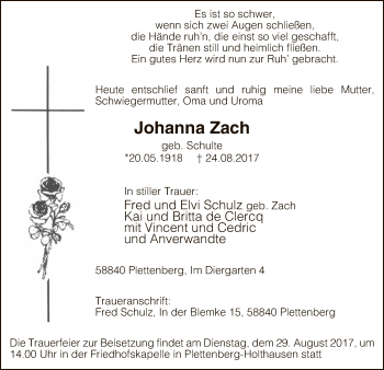 Todesanzeige von Johanna Zach von MZV