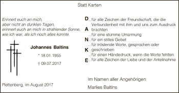 Todesanzeige von Johannes Baltins von MZV