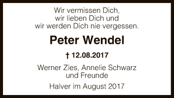 Todesanzeige von Peter Wendel von MZV