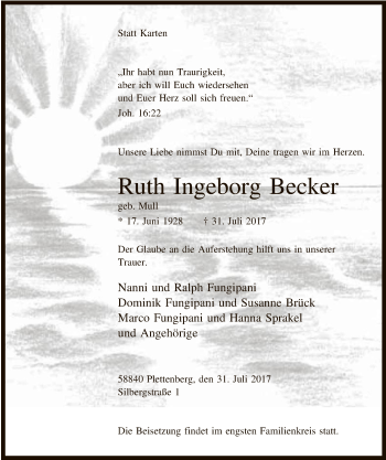 Todesanzeige von Ruth Ingeborg Becker von MZV