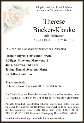 Todesanzeige von Therese Bücker-Klauke von MZV