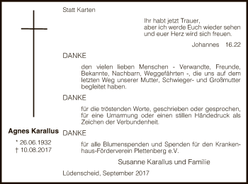Todesanzeige von Agnes Karallus von MZV