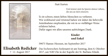 Todesanzeige von Elisabeth Redicker von MZV