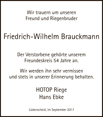 Todesanzeige von Friedrich-Wilhelm Brauckmann von MZV