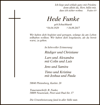 Todesanzeige von Hede Funke von MZV