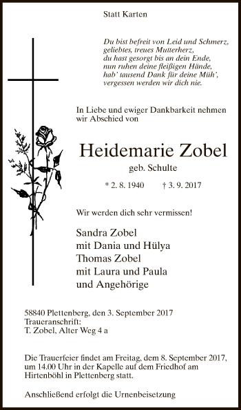Todesanzeige von Heidemarie Zobel von MZV