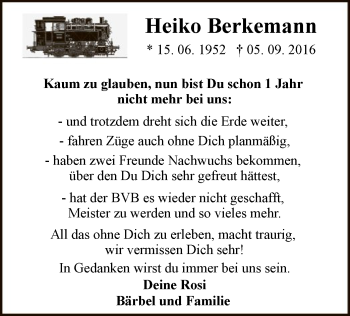 Todesanzeige von Heiko Berkemann von MZV
