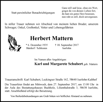 Todesanzeige von Herbert Mattern von MZV