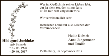 Todesanzeige von Hildegard Jochinke von MZV