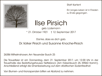Todesanzeige von Ilse Pirsich von MZV