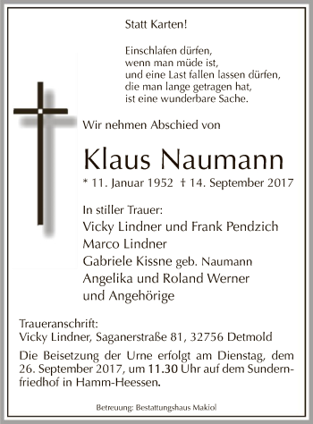 Todesanzeige von Klaus Naumann von MZV