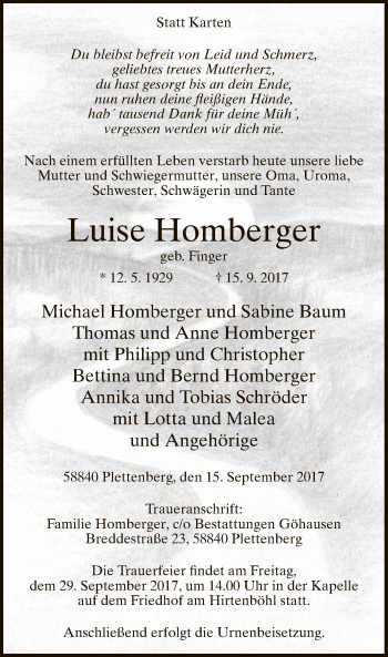 Todesanzeige von Luise Homberger von MZV