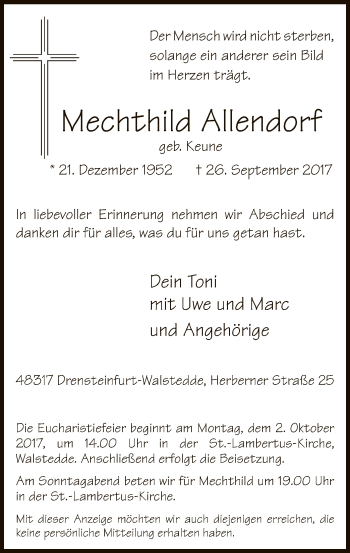 Todesanzeige von Mechthild Allendorf von MZV