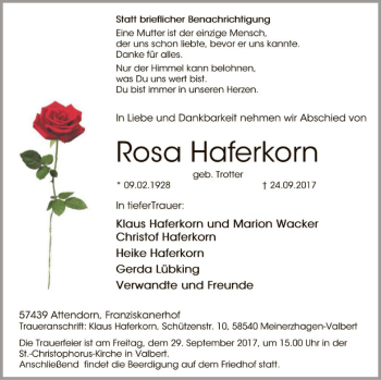 Todesanzeige von Rosa Haferkorn von MZV