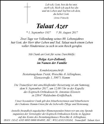 Todesanzeige von Talaat Azer von MZV