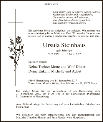 Todesanzeige von Ursula Steinhaus von MZV