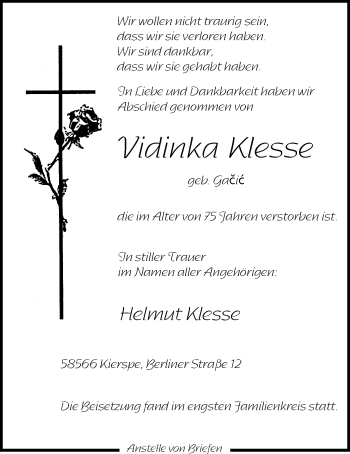 Todesanzeige von Vidinka Klesse von MZV