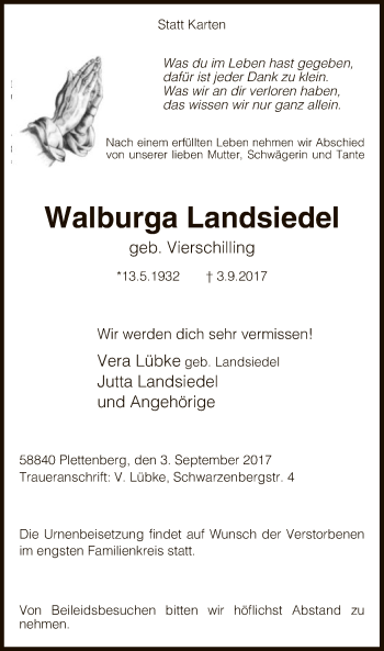 Todesanzeige von Walburga Landsiedel von MZV