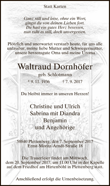 Todesanzeige von Waltraud Dornhöfer von MZV
