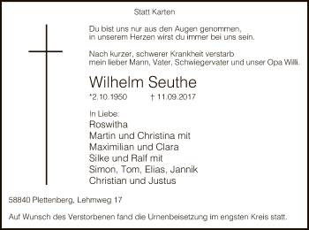 Todesanzeige von Wilhelm Seuthe von MZV