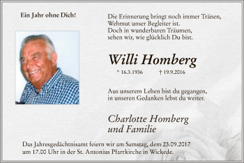 Todesanzeige von Willi Homberg von MZV