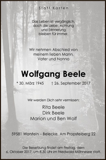 Todesanzeige von Wolfgang Beele von MZV