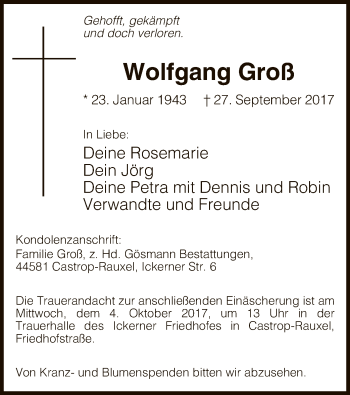 Todesanzeige von Wolfgang Groß von MZV