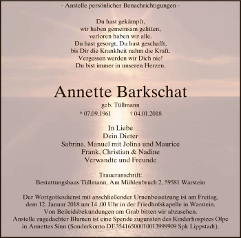 Todesanzeige von Annette Barkschat von MZV