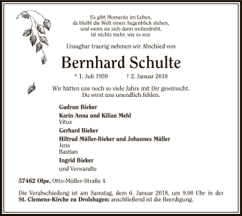 Todesanzeige von Bernhard Schulte von MZV