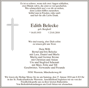 Todesanzeige von Edith Belecke von MZV