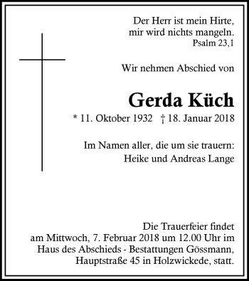 Todesanzeige von Gerda Küch von MZV