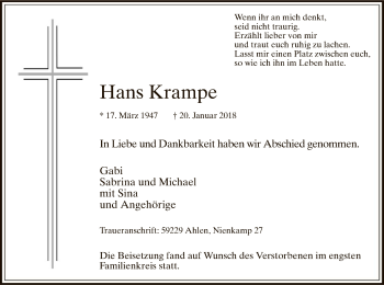 Todesanzeige von Hans Krampe von MZV